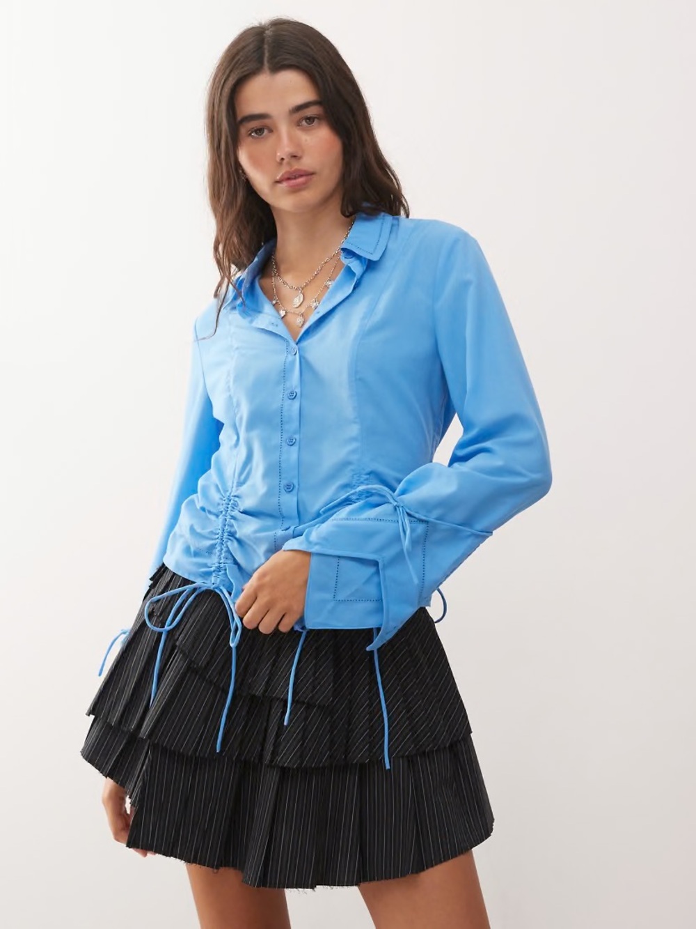 Blue Ruched Tie-Front Shirt Top - Women
